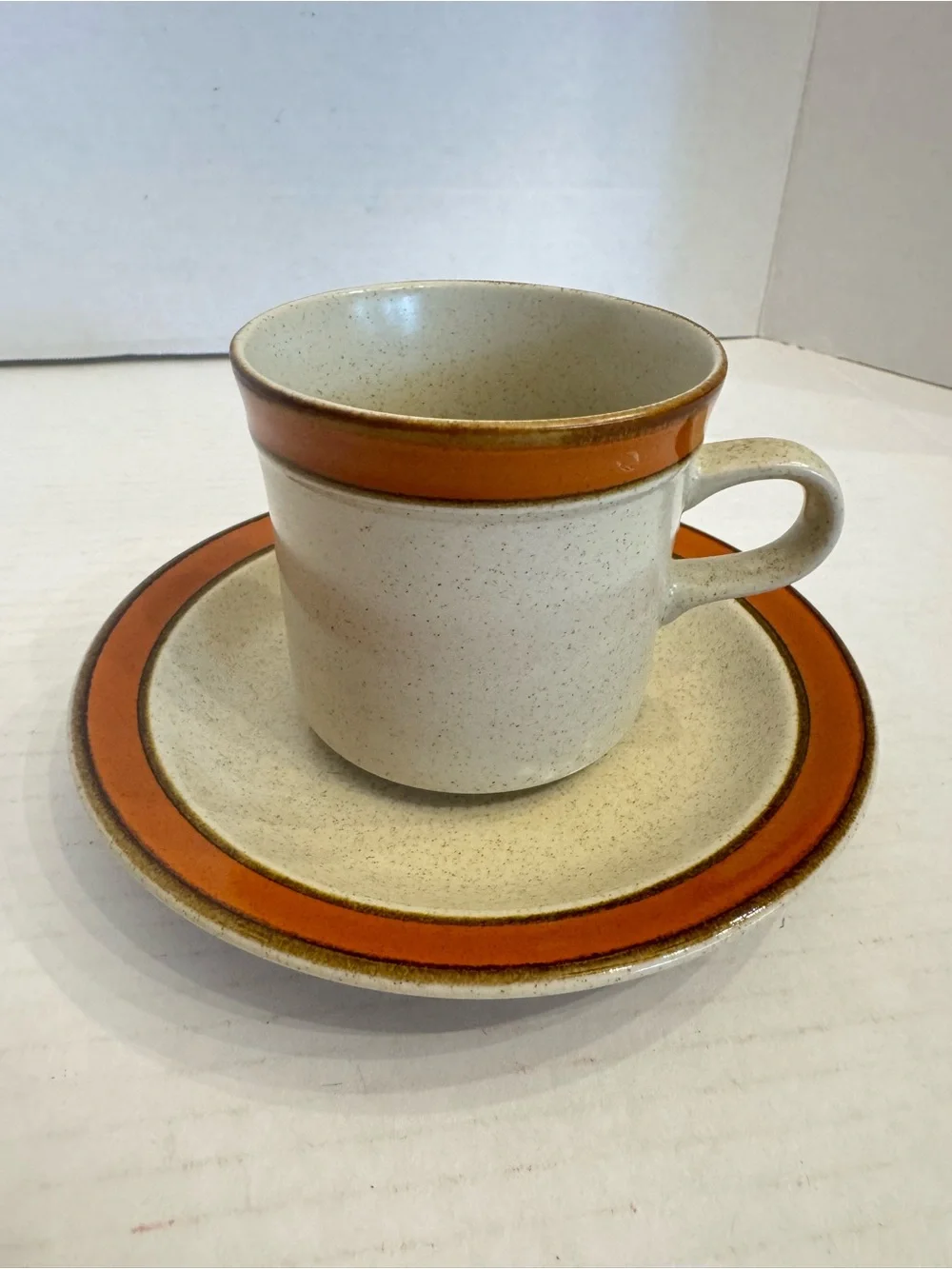 2 Sets of Sears Sahara Orange Flat Cup & Saucer Discontinued Stoneware Japan